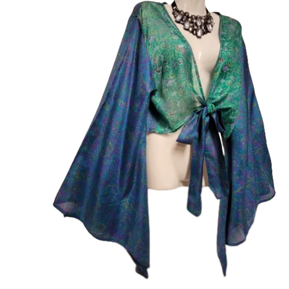 SILK Bolero Top Crop Top Coverup Silk Blazer Short Jacket Butterfly Sleeve Top L - Picture 2 of 10